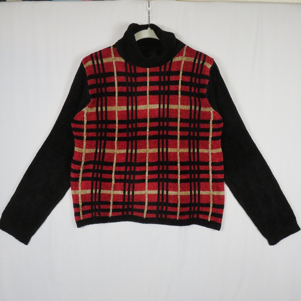August Silk Knits Medium Turtleneck‎ Sweater Plaid Red Black Gold Knit